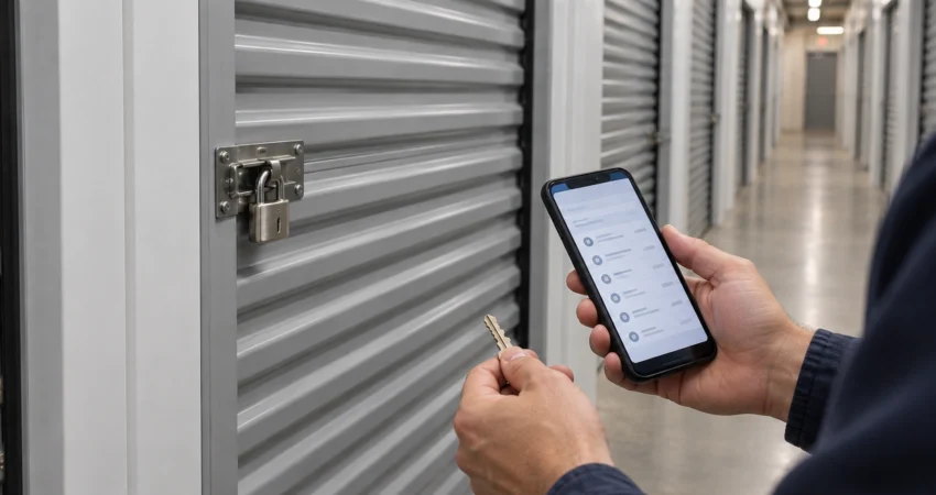 Hands holding a key and a phone at a padlocked roll-up door in a self-storage corridor